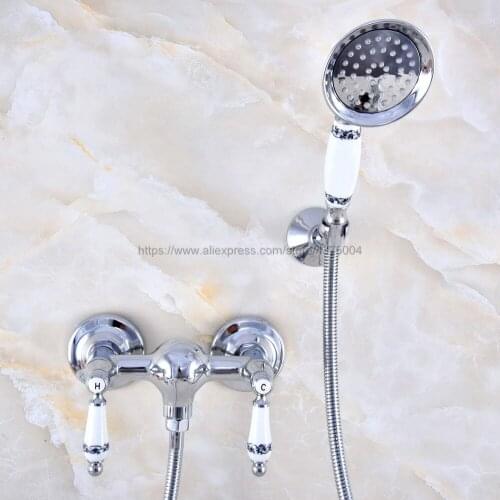 Polished Chrome Wall Mounted Bathroom Bath Faucet Mixer Tap With Hand Shower Head Shower Faucet Set Nna785