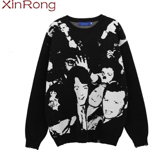 High street fashion brand character jacquard sweater mens hem ripped sweater head portrait trend loose 0-neck fashion pullover