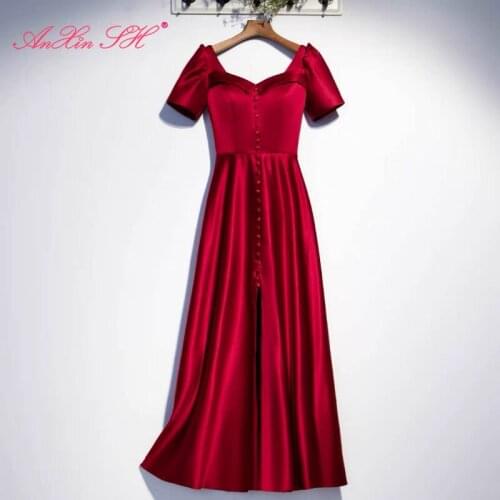 AnXin SH princess wine red satin evening dress vintage party sweetheart short sleeve bride button a line red evening dress