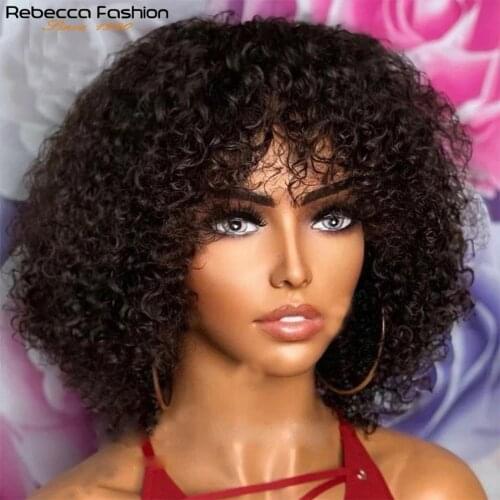 Rebecca Short Curly Human Hiar WIgs Kinky Curly Short Bob Wig With Bangs Full Wig For Women Peruvian Remy Hair Nature Burgundy