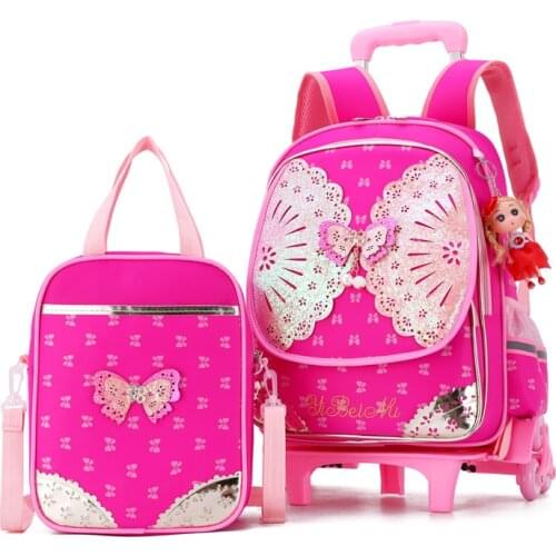 2PCS/SET Children School Bags Removable Girls Bow Princess Trolley Backpack 2/6 Wheels Child Climb Stair Kids Rolling Backpacks