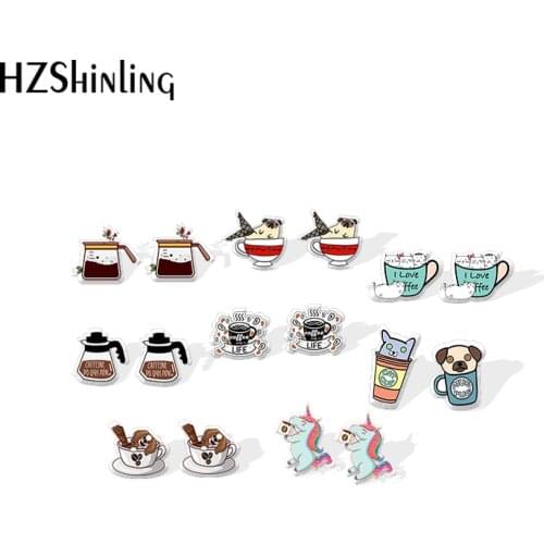 2020 New Pug of Coffee Stud Earring Afternoon Tea Acrylic Earrings Resin Epoxy Handmade Jewelry