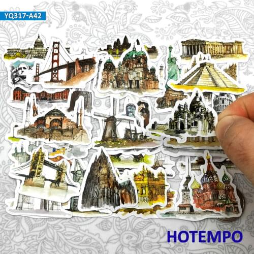 42pcs Hand Drawing Place of Interest Art Style Travel Diary Stickers for Scrapbook Stationery Mobile Phone Laptop Decal Stickers