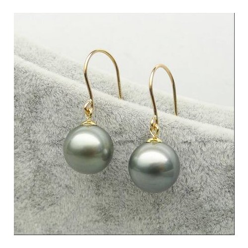 Free Shipping 10-11MM Natural Color Real Tahitian Pearl Drop Earrings Dangle 14K Yellow Gold
