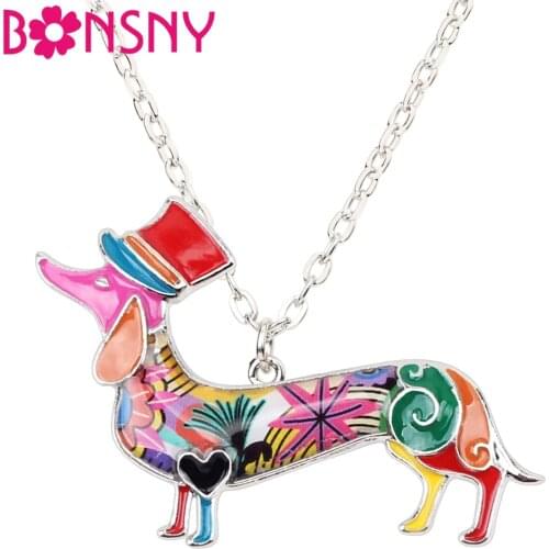 Bonsny Statement Metal Enamel Hat Dachshund Dog Necklace Choker Chain Collar Pendant Elegant Animal Jewelry For Women Girls Bulk