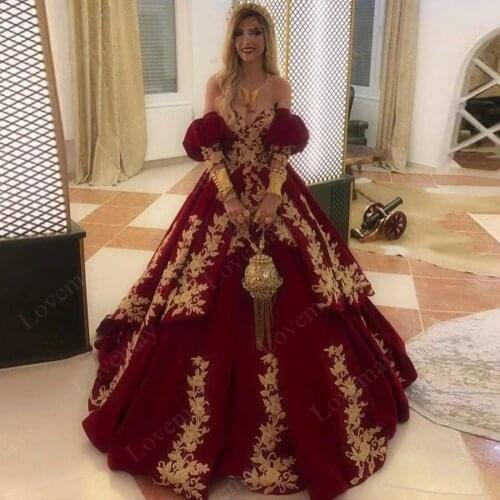 Burgundy Caftan Evening Dresses Long Elegant Sweetheart Gold Lace Appliques Prom Dresses Turkish Couture вечернее платье Robes