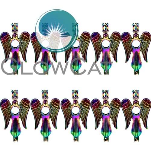 GLOWCAT 10x C51 Rainbow Color Angel Wings Beads Cage Jewelry Making Essential Oil Diffuser Aroma Pearl Cage Locket Pendant