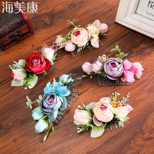 Haimeikang Rose Flowers Hair Combs Wedding Bride Hair Comb Flower Headdress Girls Travel Photos Hair Accessories Clip Red Rose