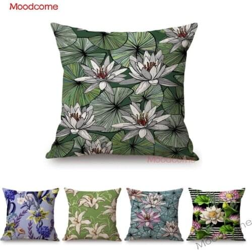 Spring Summer Decoration Pillow Sleeping Lily Floral Pattern Flower Cotton Linen Car Pillow Bohemian Art Design Cushion Cover