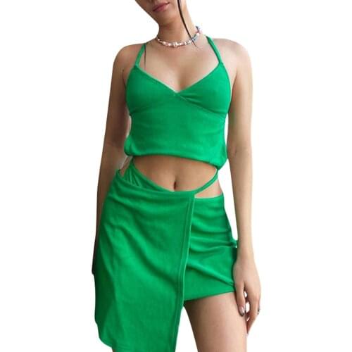 Summer Womens Suit Sexy Two-piece Clothes Casual Set Solid Color V-neck Sleeveless Crop T-shirt and Skirt Green Brown