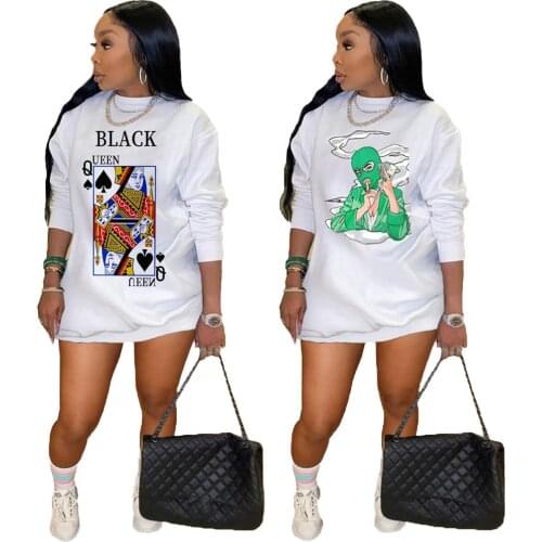 Poker Spades Q Cartoon Print Long Sleeve Round Neck Loose Mini Dresses for Women Winter Undefined Fashion Casual Streetwear