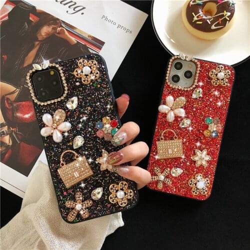 DIY Fashion Diamond Pearl Flower Handbag Bling Glitter Back Case Cover For Samsung Galaxy A10/20/30/40/50/70S M10/20/40 A71/51