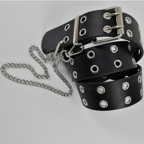 Fashion Harajuku Women Punk Chain Belt Adjustable Black Double/Single Eyelet Grommet Metal Buckle Leather Waistband For Jeans