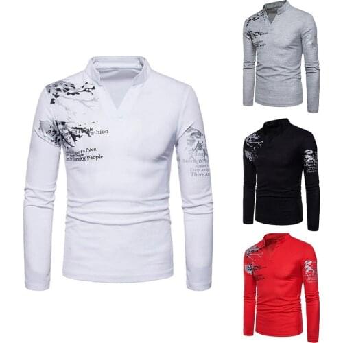 Men Flower English Letter Print V-Neck T-Shirt Stand Collar Long Sleeve Tee Top