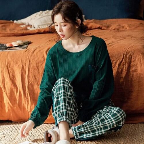 Autumn Fashion Green Silk Pajamas Sets for Women Trouser Suits 100% Cotton Pjs Atoff Home Sleepwear Winter Soft Pure Nightwear