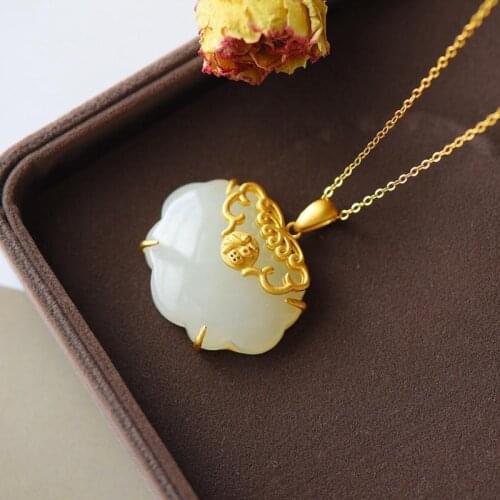 Ping An Fu Natural Hetian White Jade Fu Character Safety Lock Necklace Pendant Ornament Sterling Silver Golden Inlaid Ancient Go