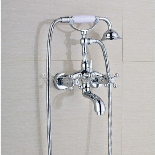 Bathroom Polished Chrome Brass Wall Mounted Bathtub Faucet Dual Cross Handle Shower Mixer Tap with Handheld Shower Spray ltf931