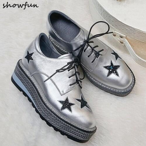 Plus size 42 womens genuine leather lace-up platform flats oxfords high quality female soft comfortbale female brogues shoes