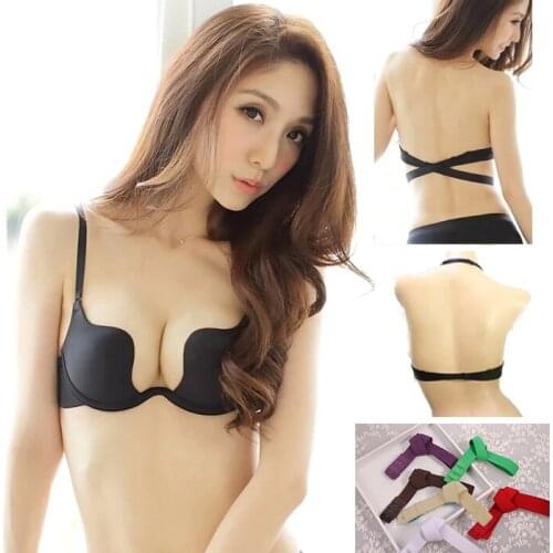 Sexy black deep U bra solid low cut W cup lingerie bralette back cross hanging neck smooth seamless more use underwear sutian