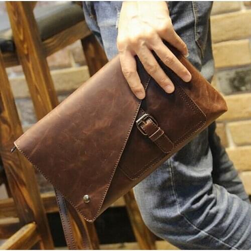 New Vintage Leather Envelope Bags Large Capacity Zipper Mens Clutches Wristlet Purse Handbag Elegant Evening Bag Mobile Pouch