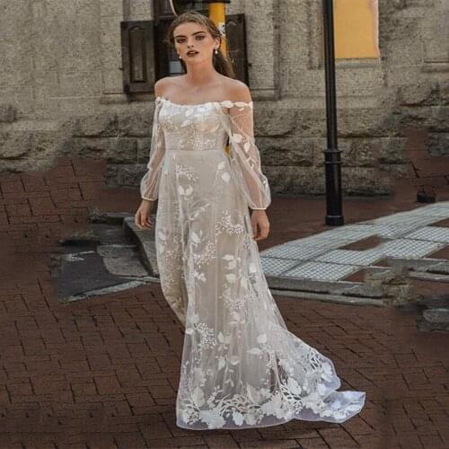 Elegant Long Puff Sleeves Wedding Dresses 2021 Lace A Line 3D Appliqued Ivory Bridal Gowns Boat Neck Robe De Mariee Custom Made