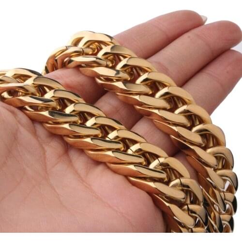 Heavy Huge 17mm Yellow Gold Tone Cuban Curb Link Chain Stainless Steel Necklace/Bracelet Biker Mens Gift 7-40 inch Custom Size