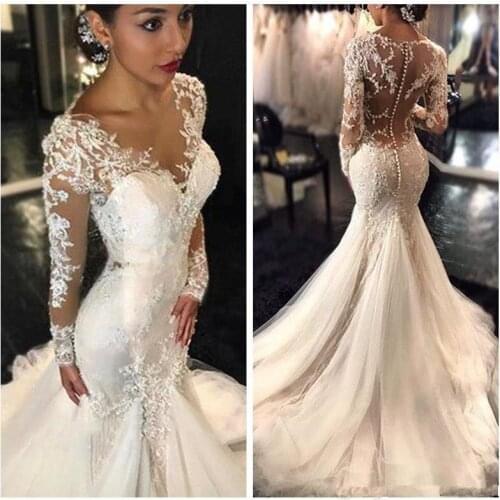 Gorgeous Lace Mermaid Wedding Dresses Dubai African Long Sleeves Fishtail Custom Bridal Gown with Buttons vestido de noiva