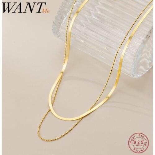 WANTME 925 Sterling Silver Bohemian Double Snake Bone Glossy Bead Chain Necklace for Women Fashion Fine Gold Party Jewelry Gift
