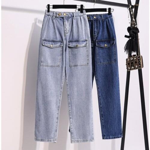 Straight Pockets Plus Large Size Oversize Korean Vintage Clothes WomenS High Waist Trousers Fashion Jeans Pants For Girls