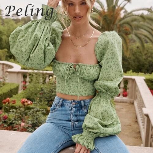 Summer Women Sexy Fashion Top Floral Flared Sleeves Lace Up Pleated Short Top Zipper Short Streetwear Off Shoulder Green Shirts