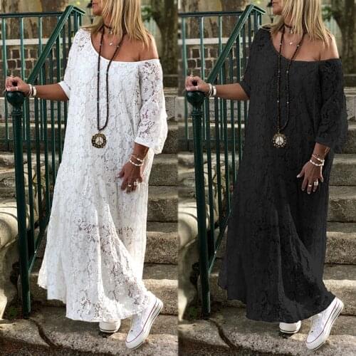 Women Lace Crochet Maxi Long Dress ZANZEA Summer 3/4 Sleeve Party Vestido Robe Femme Bohemian Sundress Casual Loose Autumn Dress