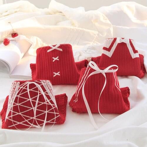 4 Pcs Pack Women Panties Cotton Lace Bow Female Striped Sexy Cotton Red Underwear High Quality Cute Comfortable Ladies Briefs