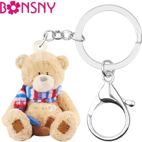 Bonsny Acrylic Sweet Plush Teddy Bear Keychains Cute Animal Key Ring Jewelry For Women Kids Men Fashion Gift Wallet Decoration