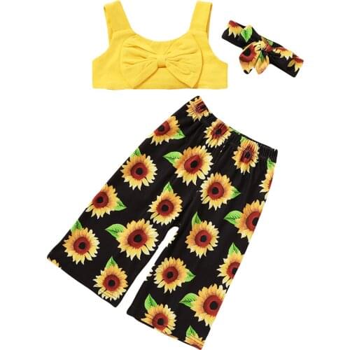3Pieces Kids lovely Suit Set Solid Color U-Neck Sleeveless Crop Tops Sunflower Print Pants bow Headband for Summer 2-6 Years