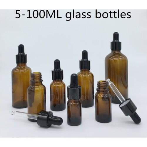 500pcs 5ml, 10ml,15ml,20ml,30ML,50ml,100ml amber Glass Bottle With black Dropper Essential Oil Bottle ,Perfume bottle