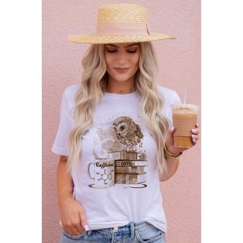 Fashion Women Summer T-shirt with Vintage Owl Design Short Sleeve T Shirt Coffee Casual Tops Cute Female Tees Camisetas Mujer
