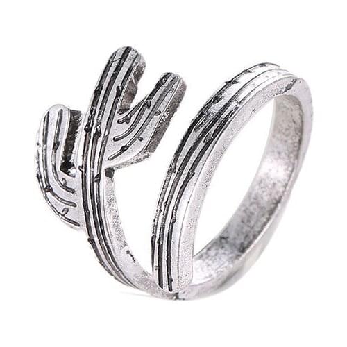 Exquisite Carved Cactus Shape Antique Silver Plated Cupreous Open Rings For Women