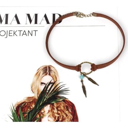 Fashion HuaTang Vintage Alloy Feather Leather Choker Necklace for Women Antique Gold Circle Collar Female Boho Jewelry collares