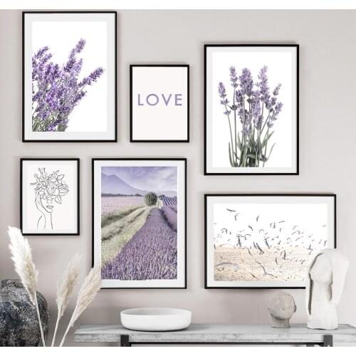 Lavender Abstract Lines Girl Flower Bird Wall Art Canvas Painting Nordic Posters And Prints Wall Pictures For Living Room Decor