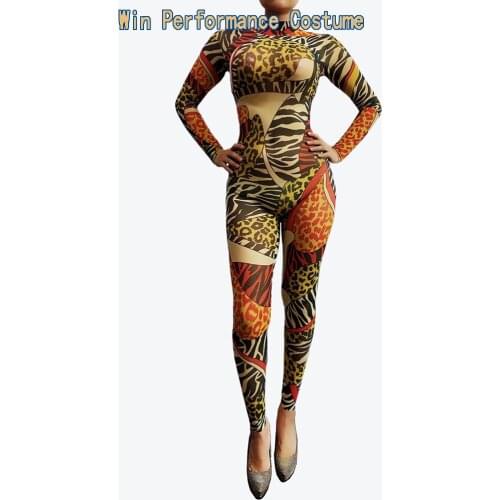 Leopard Sexy Bandage Jumpsuit Rave Festival Club Outfit Fashion Print O Neck tracksuit Jogging Sportwear Bar Pole dancing Slim