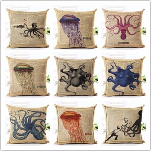 Fashion Style High Quality Creative Retro Pictorial Octopus Soft Pillow Cojines Seat Cushion Almofadas Cotton Linen Square