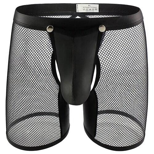 Mens Long Leg Mesh Patent Leather Sexy Low waist Cock Pouch Erotic Gay boxer Underwear