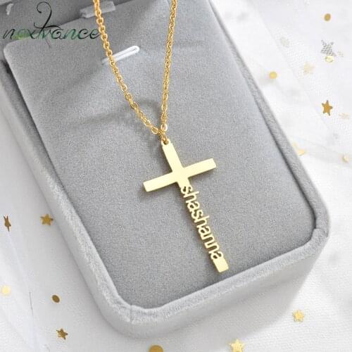 Nextvance Stainless Steel Custom Name Cross Necklace Personalized Pendant Amulet Necklace Christian Women religion Birthday Gift