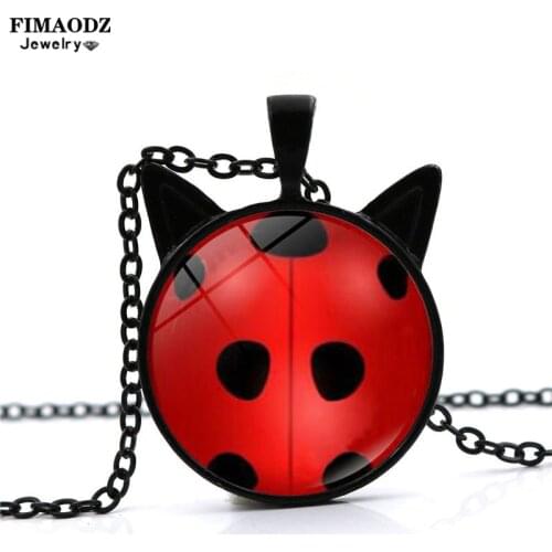 FIMAODZ Red Ladybugs Insect Necklace Cartoon Ladybird Black Spot Print Glass Round Cat Ears Pendant Chain Fashion Kids Jewelry