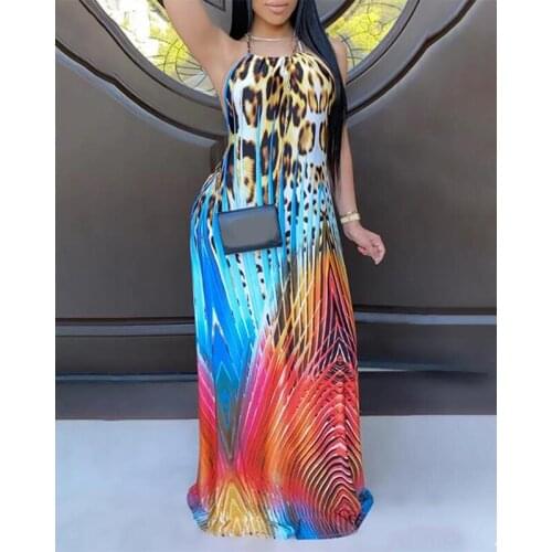 Leopard Print Sleeveless Halter Party Sexy Women Boho Long Maxi Dress Loose Fashion Casual Basic Clothes Women Plus Size Dresses