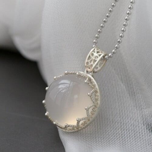 Authentic 925 Sterling Silver Pendant Inlaid Natural White Chalcedony National Style Female Pendant Trendy Jewelry Gift