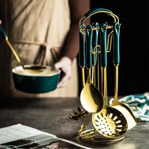 Luxury Cookware Kitchenware Sets Green Gold Colander Shovel Powder Kitchen Tools Ceramic Handle Hook Up Storage Metal Shovel