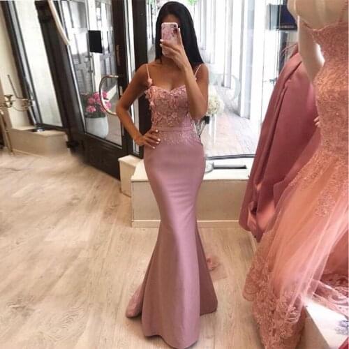 Rose Pink Long Evening Dress Spaghetti Straps Mermaid Style 3D Appliques Flower Party Dress Robe De Soiree Vestidos De Festa