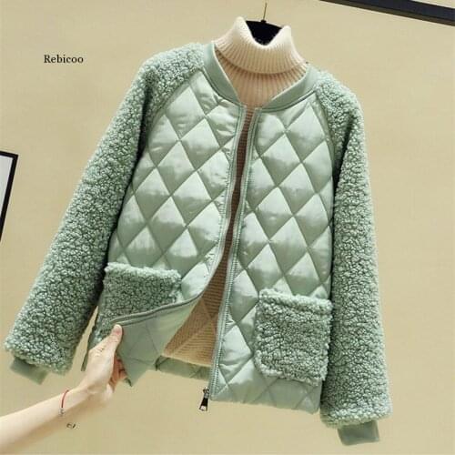 Women Short Cotton Jacket Autumn Winter Lambswool Splice Parka Plus Size Loose Warm Outerwear Female Cotton-Padded Jackets