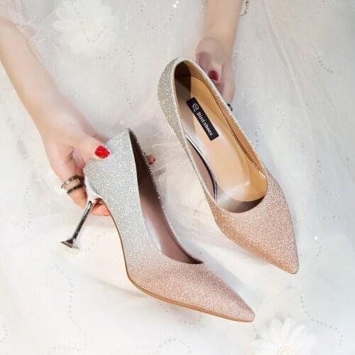 Spring and summer new fashion sequin pointed toe shallow stiletto high heel womens shoes elegant bridesmaid high heels